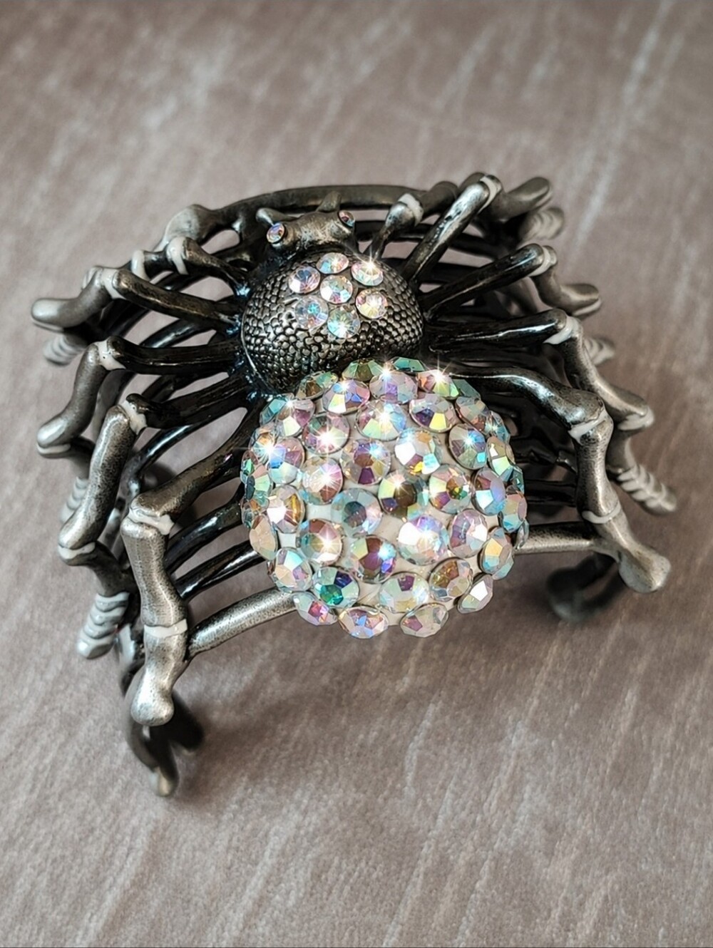Crystal Aurora Borealis Swarovski Elements Pewter Spider Cuff Bracelet Halloween